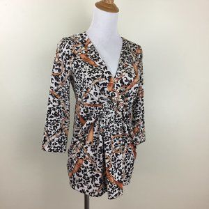 ROBERTO CAVALLI Multi Color Leopard Belt Buckle Print V Neck Ruched/Pleats Shirt